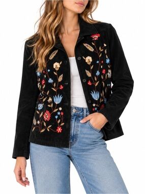 Dialogue Black Suede Leather Floral Embroidered Jacket Small Boho Y2K